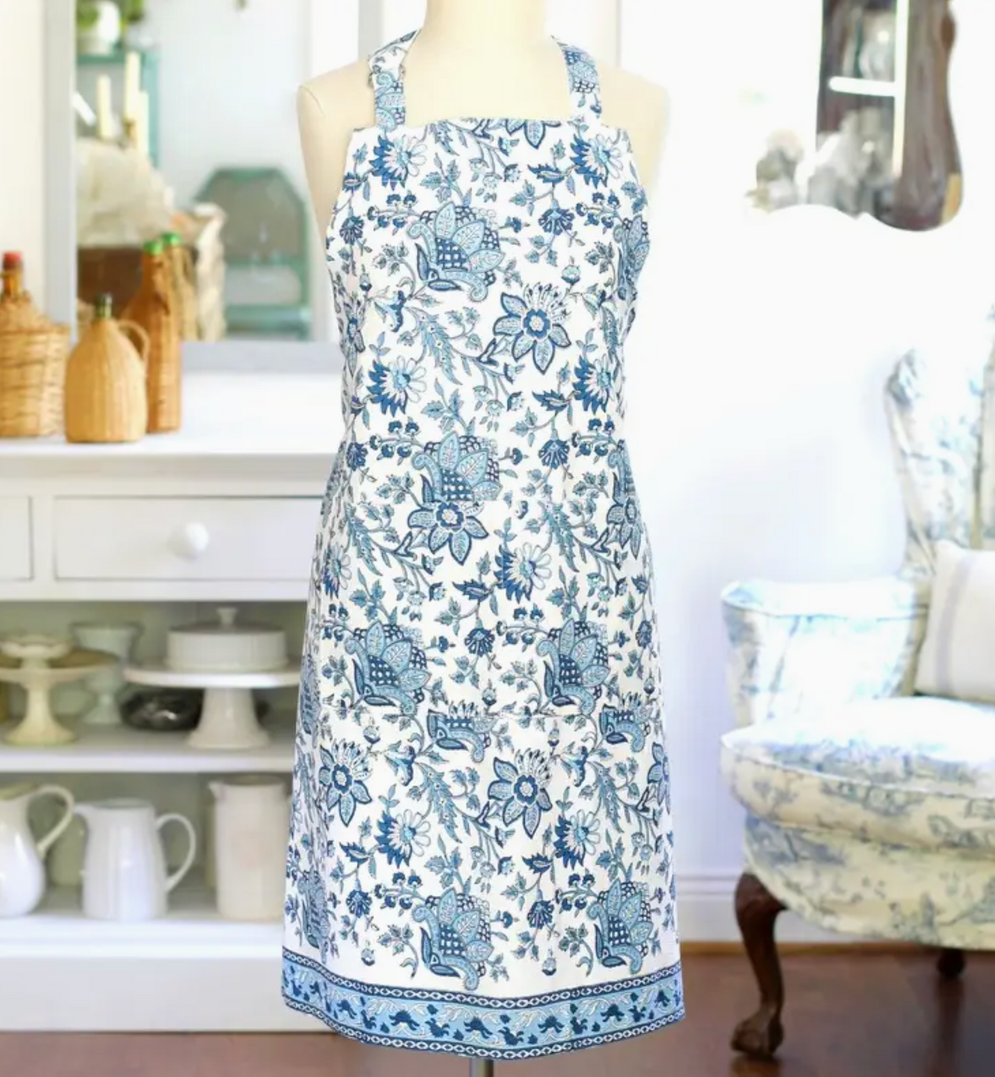 Blue Floral Apron Styled on Mannequin