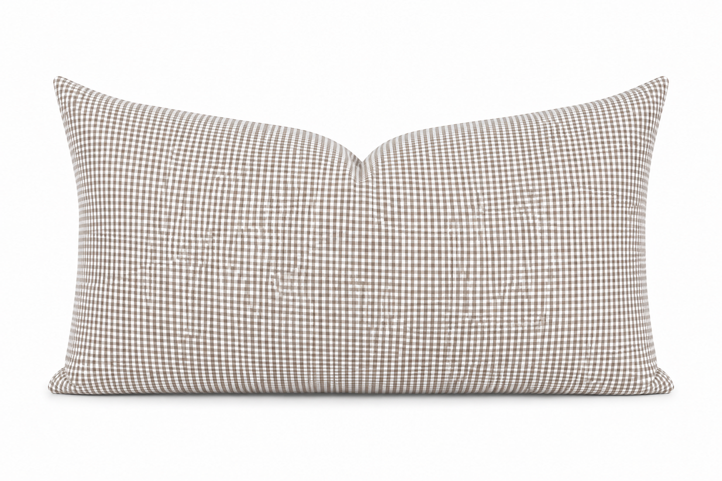 Checked rectangular throw pillow with knife-edge and piped corner detailing