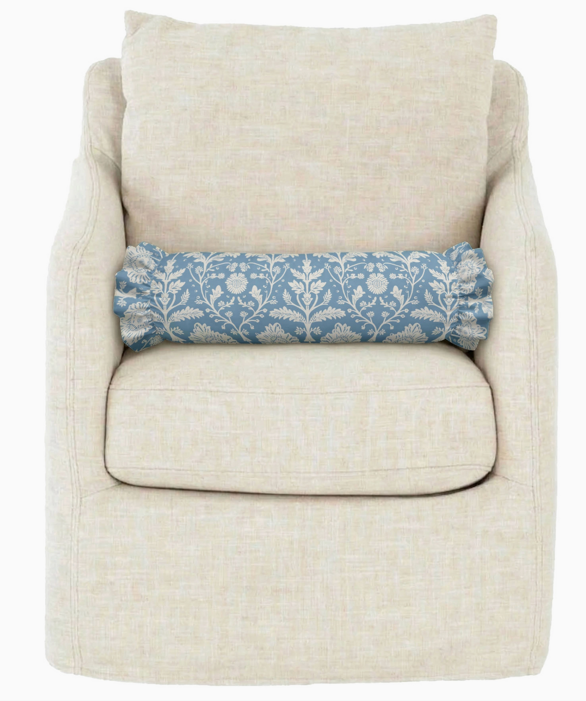 Denim Blue Floral Ruffled Bolster Pillow