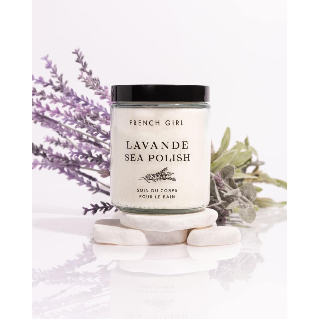 Lavender sea polish body scrub jar with black lid, French Girl label