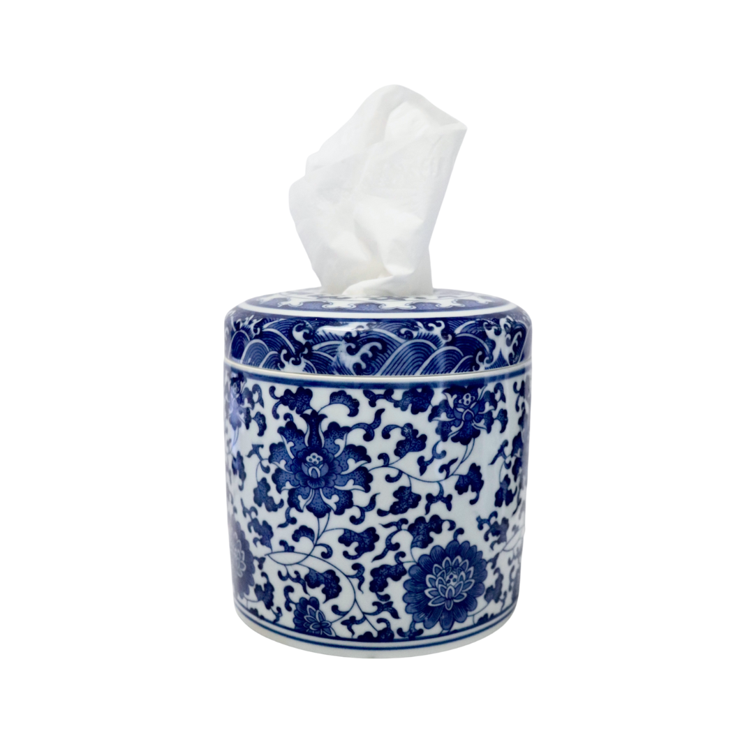 Blue and white floral-patterned tissue box on a white background