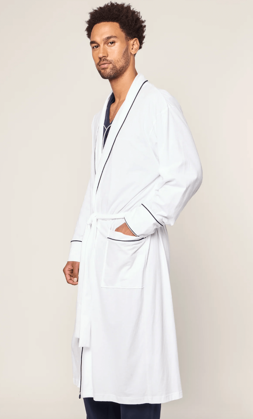 MEN'S LUXE PIMA ROBE - White w/ Navy - Shannan Bower Home