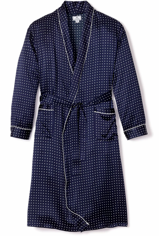 MEN'S SILK LONG ROBE - Navy Polka Dot