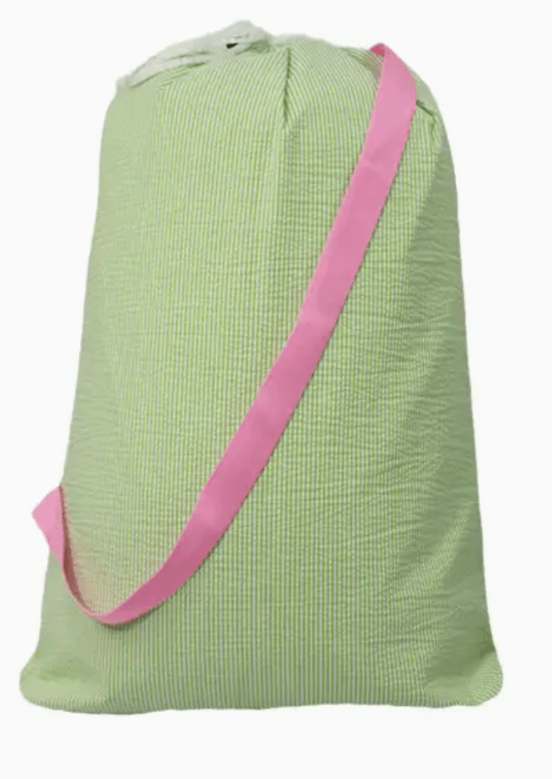 Green striped bath towel bag with pink diagonal strap