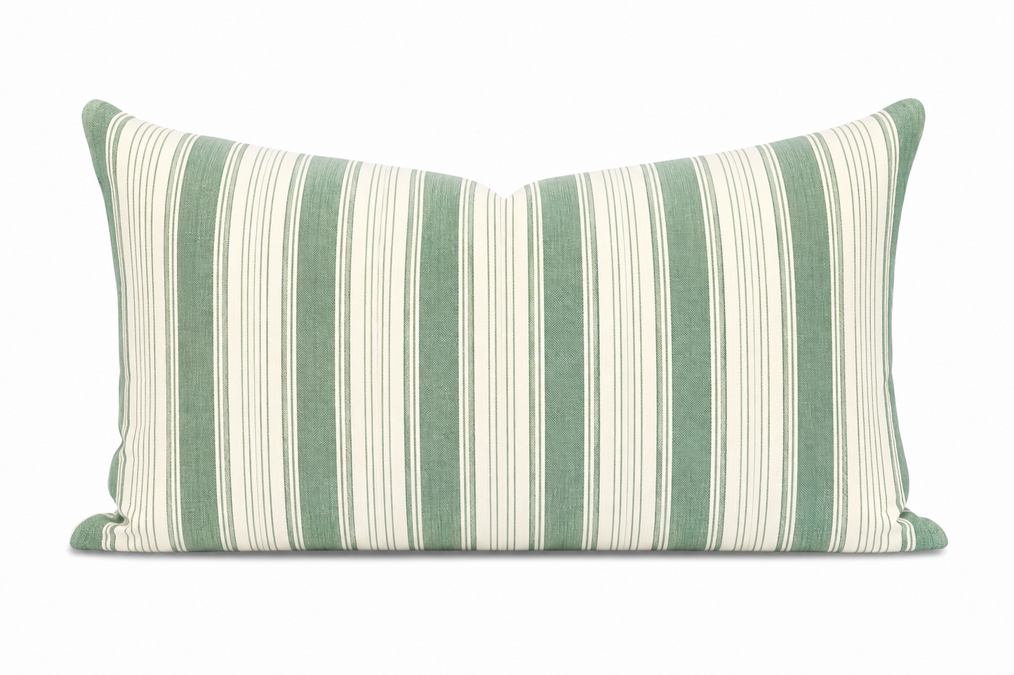 Green and white striped pillow on a white background