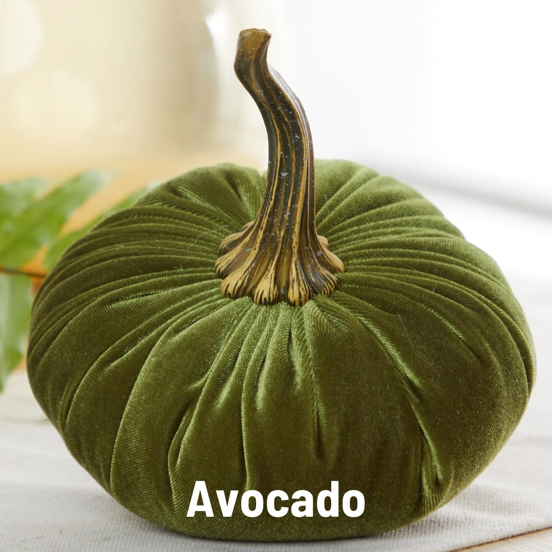 An avocado green velvet decorative pumpkin with a textured faux-stem and the word 'Avocado' printed at the bottom, set against a softly blurred indoor background.