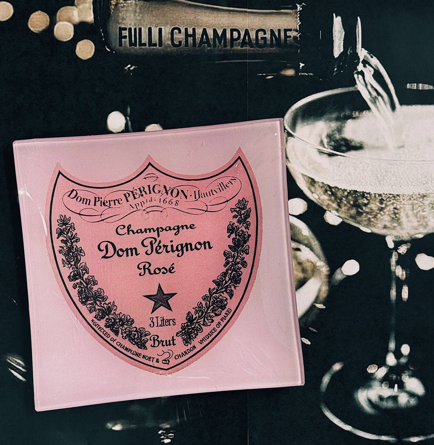 VINTAGE DOM PERIGNON ROSE DECOUPAGE GLASS TRAY - Shannan Bower Home