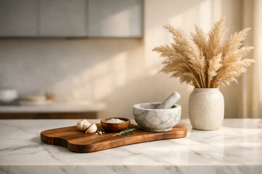 Goodbye, Cold Gray How to Master Warm Minimalism Using Marble and Acacia Wood