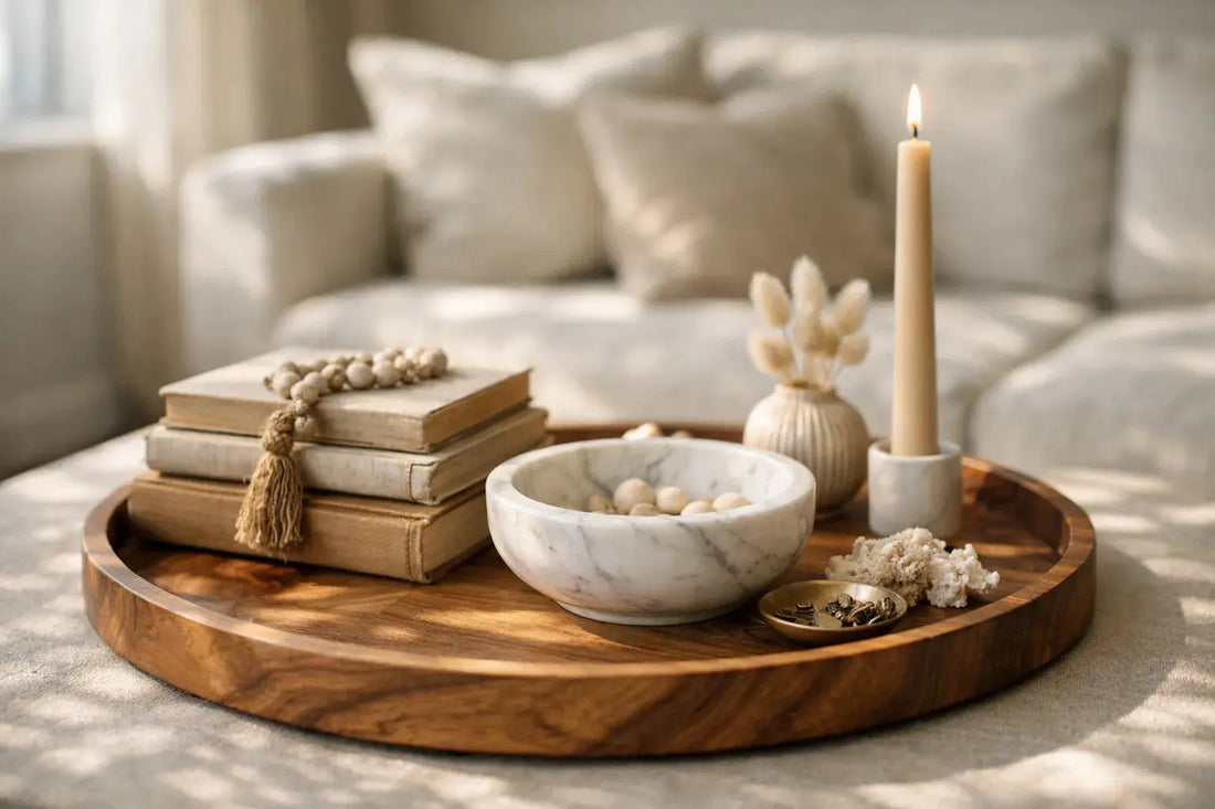 A beautifully styled coffee table featuring intentional clutter with books, a marble bowl, a candle, and decorative items.