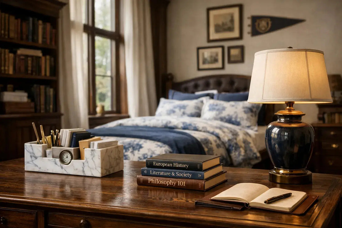 A cozy bedroom setup highlighting the Heritage Dorm Movement with classic decor and quality furnishings.