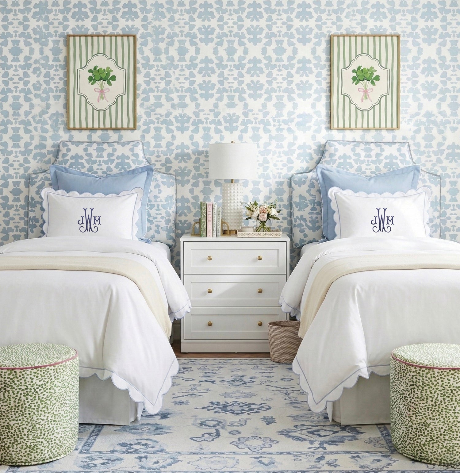 The Jillian Blue scallop dorm room bedding and Palm Beach inspired accessories