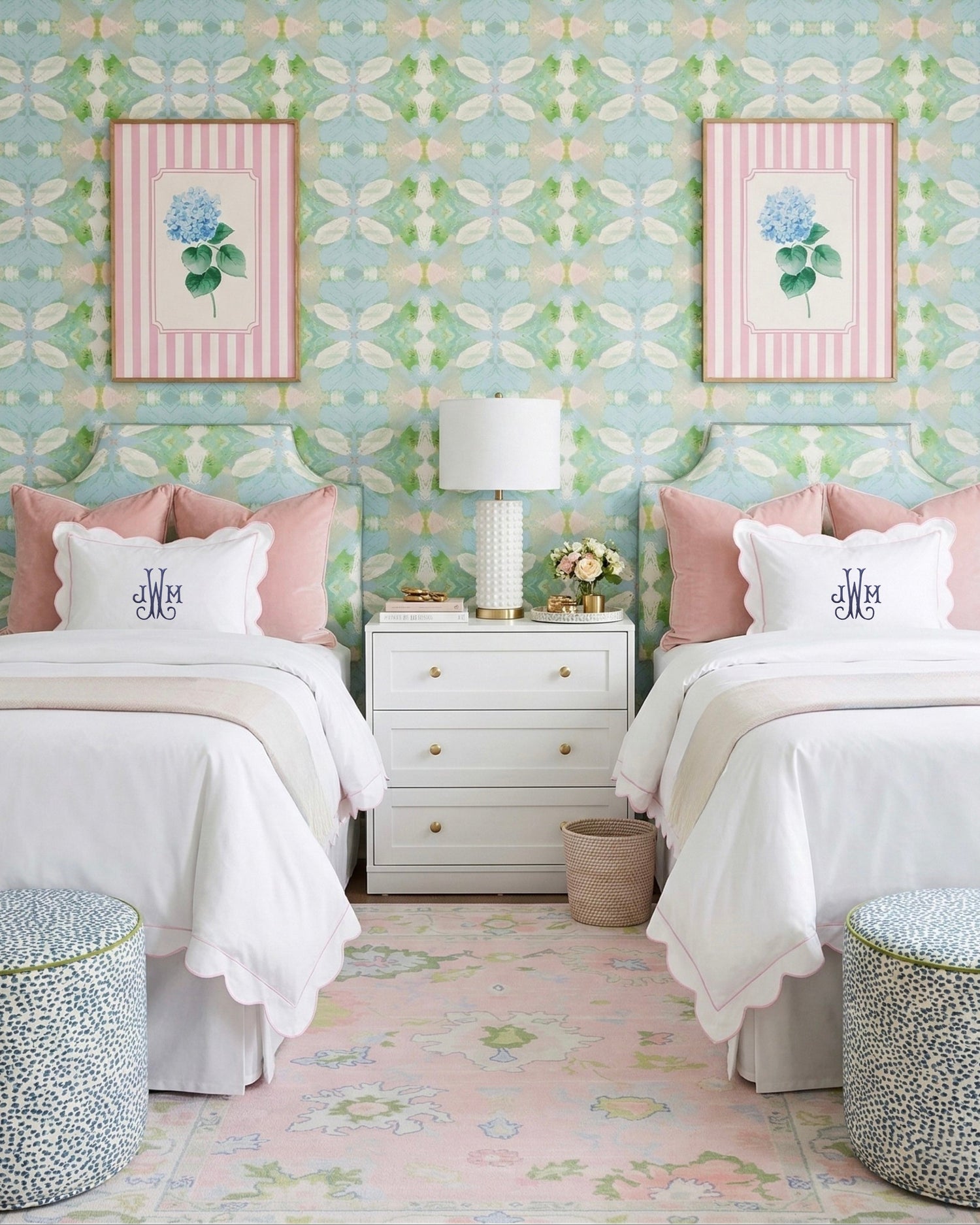 The Jillian Pink scallop dorm room bedding and Palm Beach inspired accessories