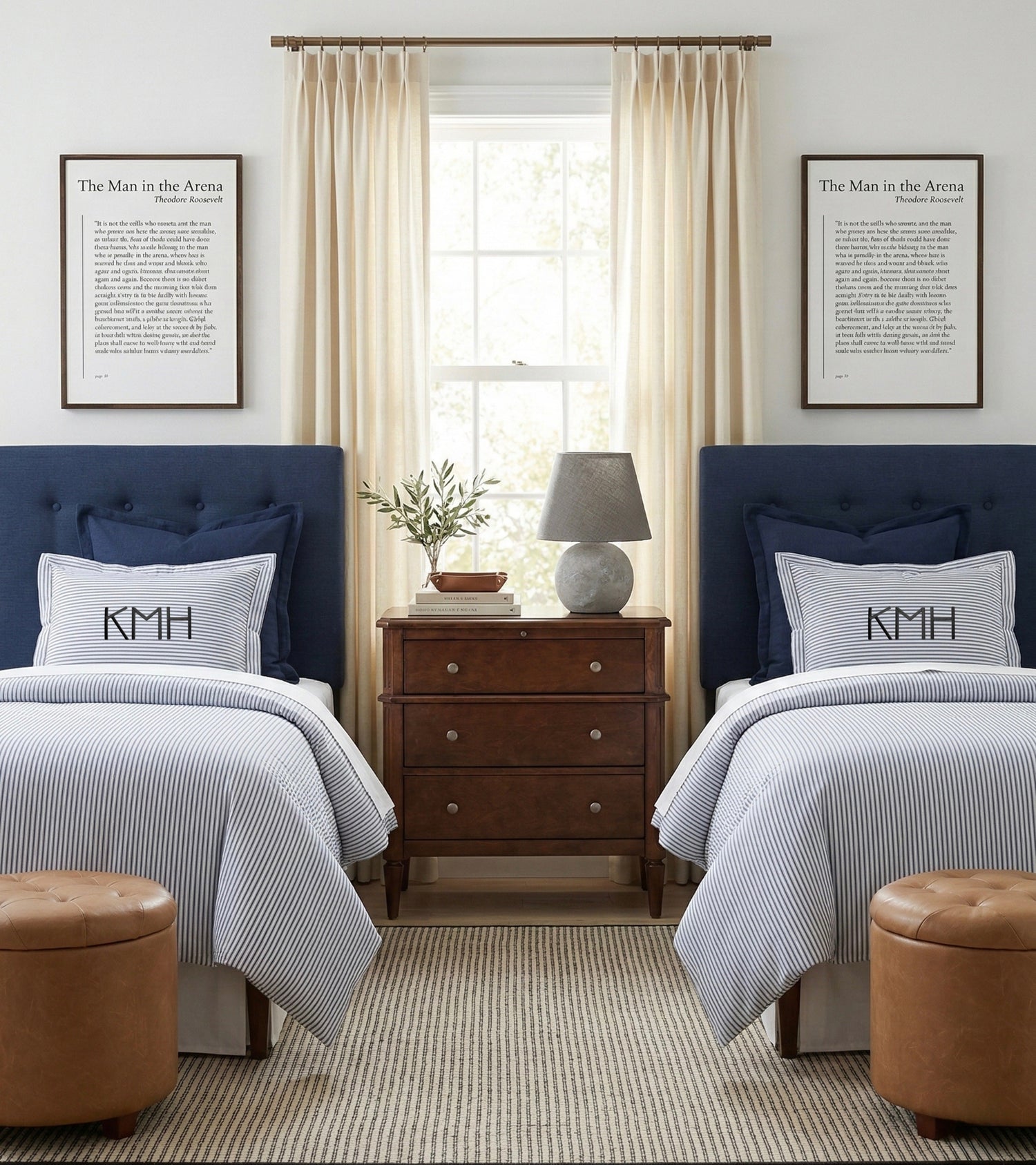 The Kyle navy stripe dorm room ticking stripe bedding and collegiate accessories