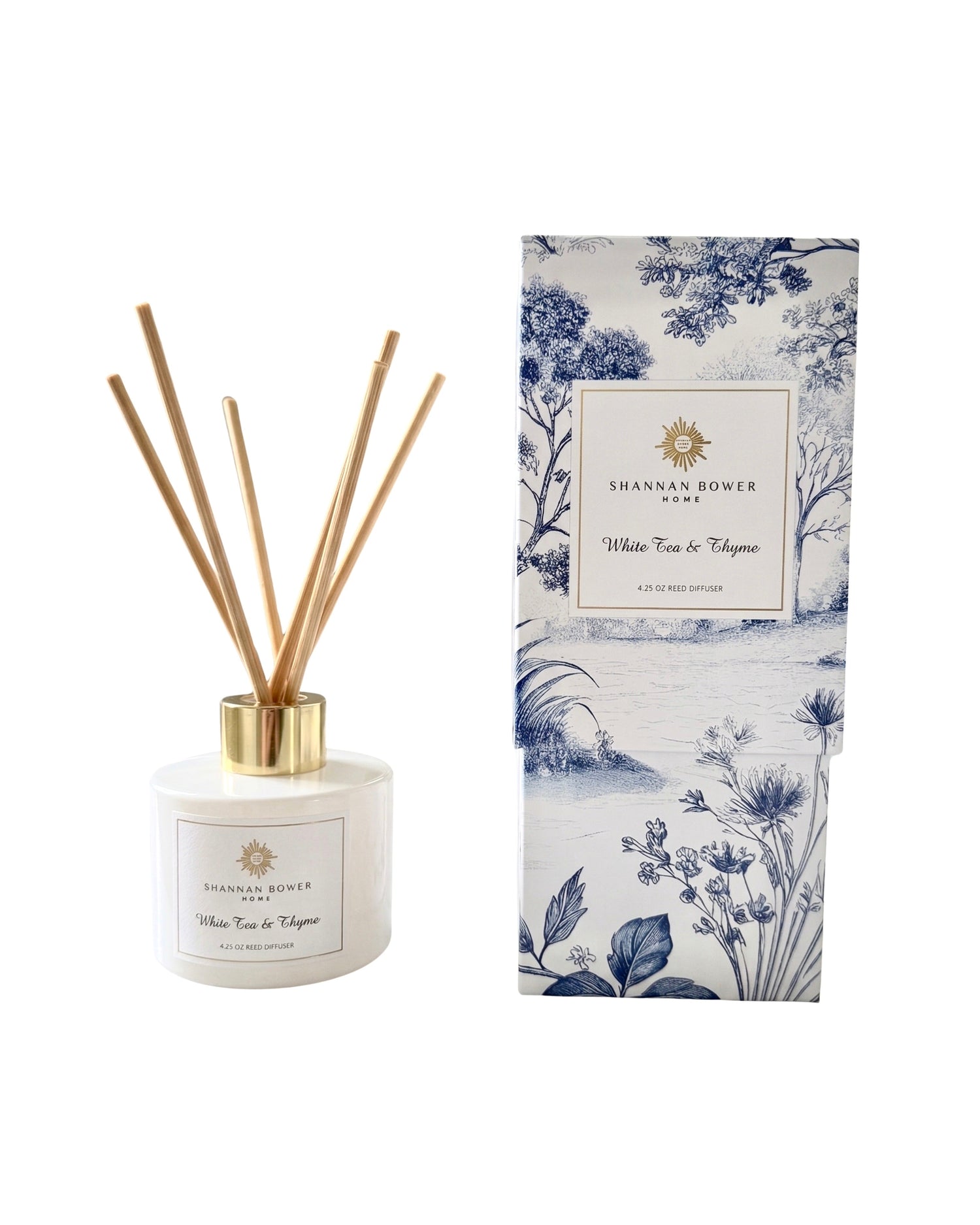 Diffusers in a decorative packaging showcasing a White Tea & Tulips scent, perfect for home fragrance.