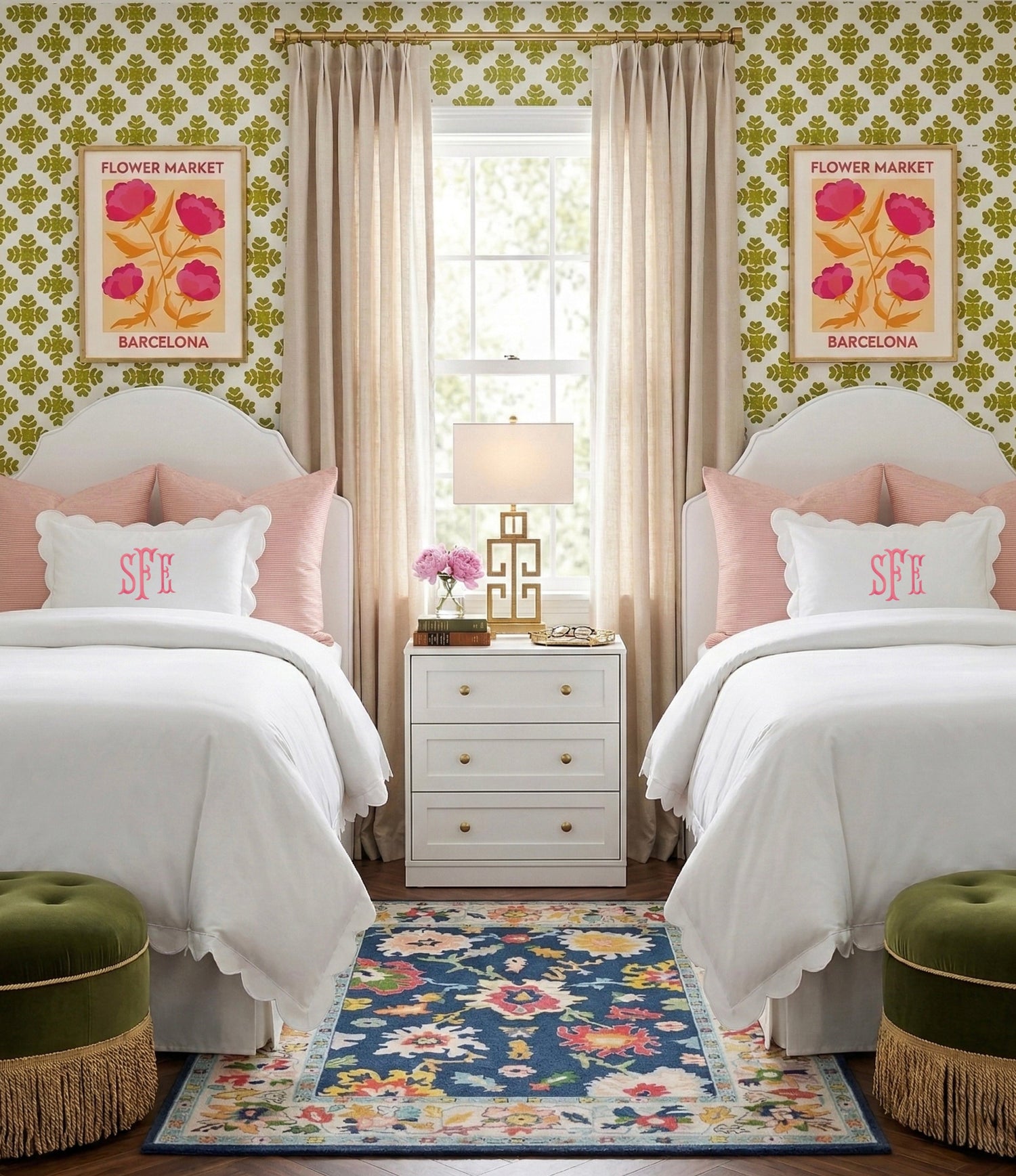 The Simone preppy dorm room scallop bedding and European inspired accessories