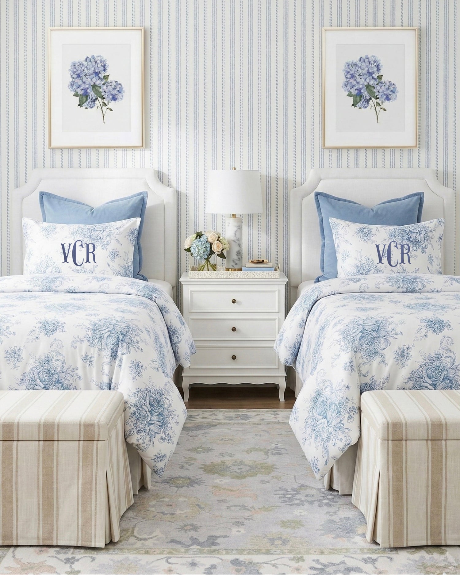 The Victoria Blue toile dorm room bedding and classic Southern accessories