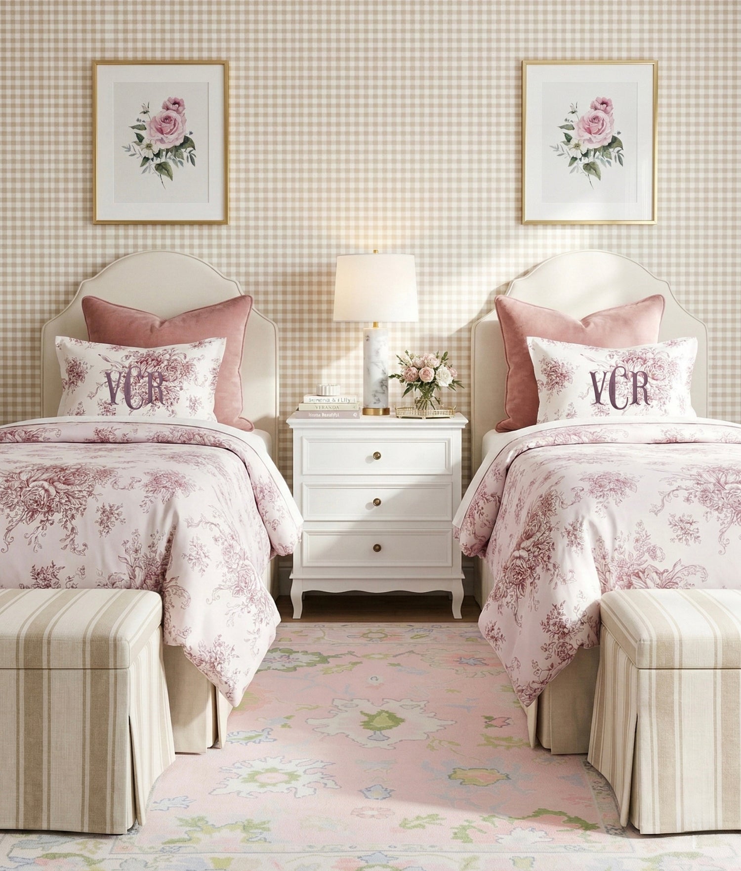 The Victoria Pink toile dorm room bedding and classic Southern accessories