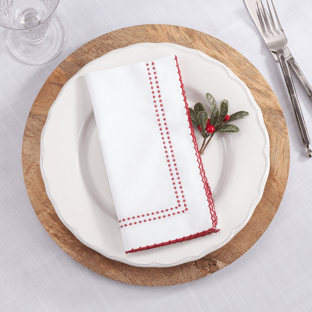 EMBROIDERED SCALLOPED DINNER NAPKIN - RED (S/4) - Shannan Bower Home