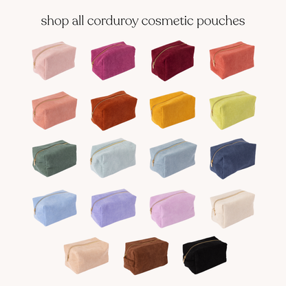 Collection of corduroy cosmetic pouches in multiple colors, each with a gold zipper