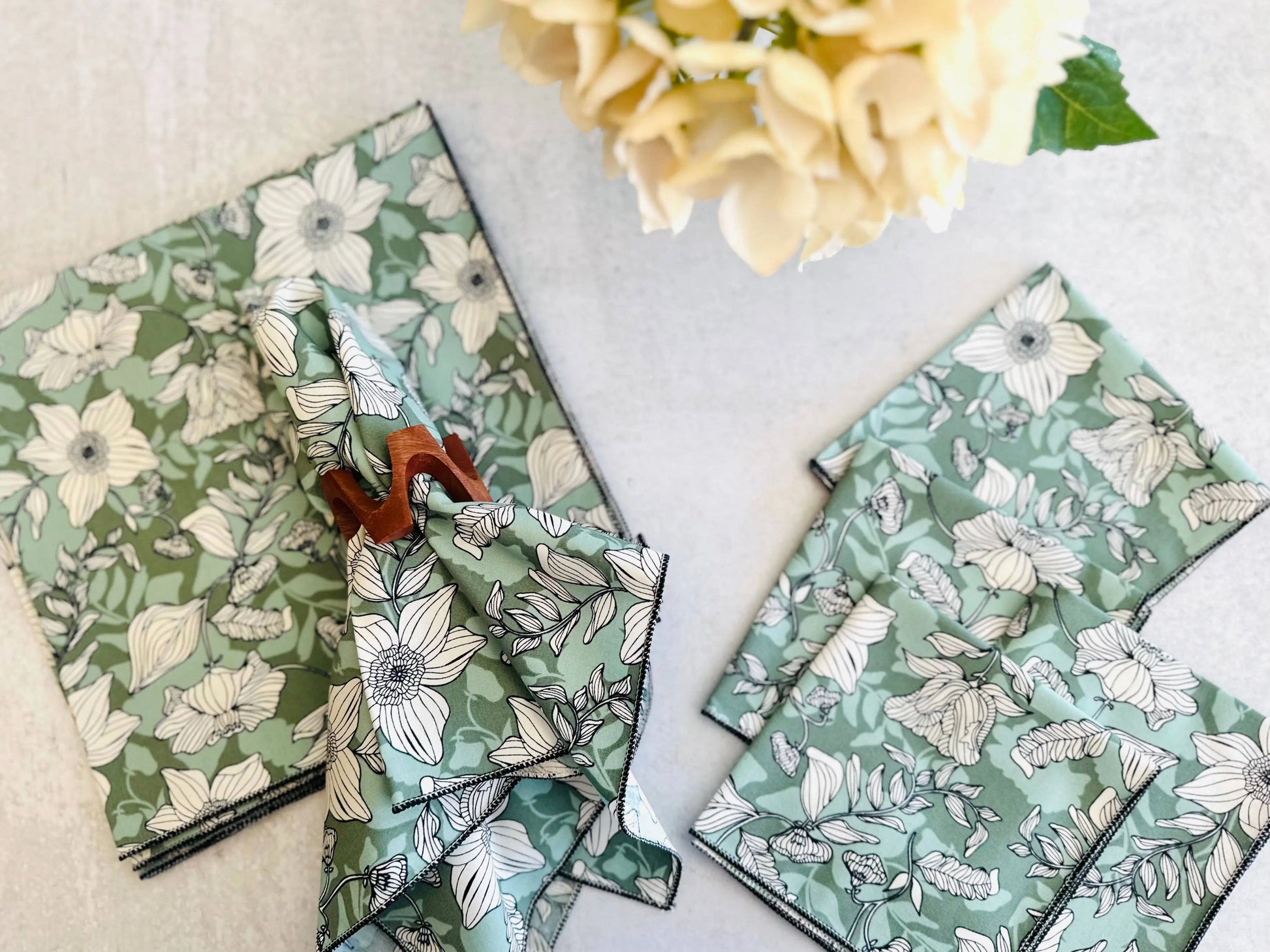 Green floral square set of three with stitched border