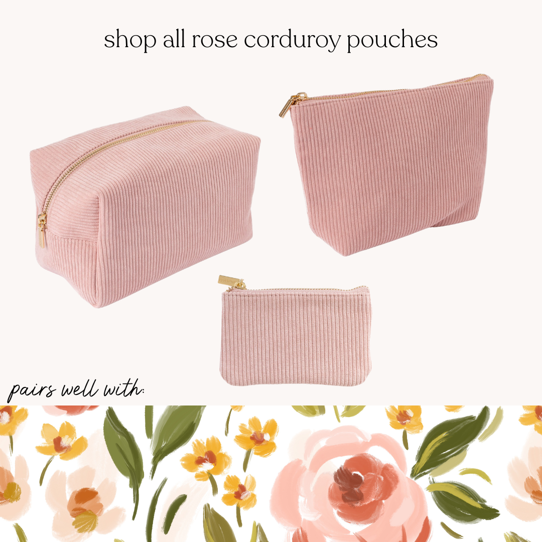 Rose corduroy pouches in matching rose pink shown in three sizes with gold zippers