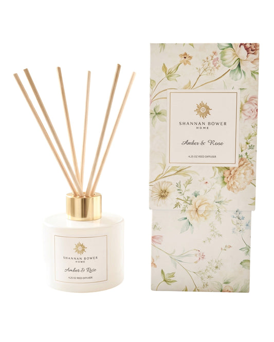 Shannon Bower diffuser with floral packaging on a white background
