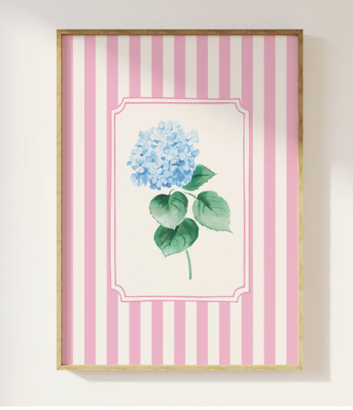 Blue Hydrangea Stripe Framed Art