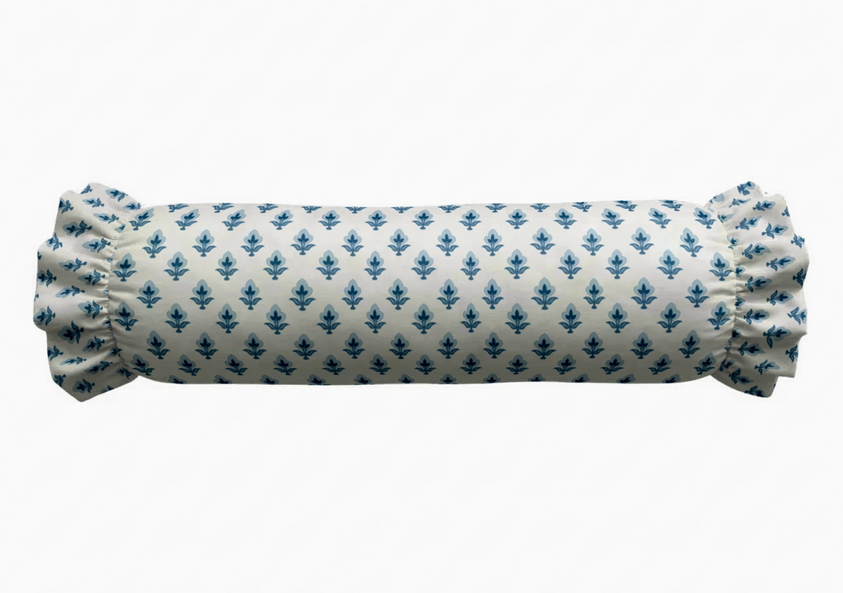 Blue Floral Ruffled Bolster Pillow