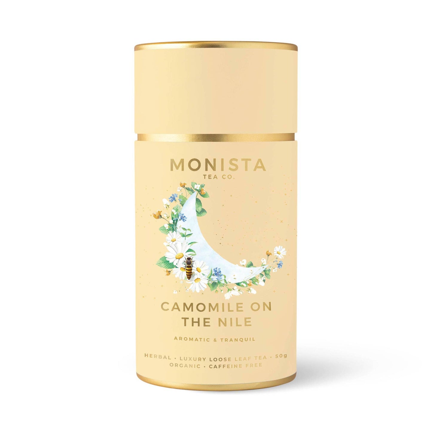 Monista Tea Co. canister for 'Camomile on the Nile' tea on a white background