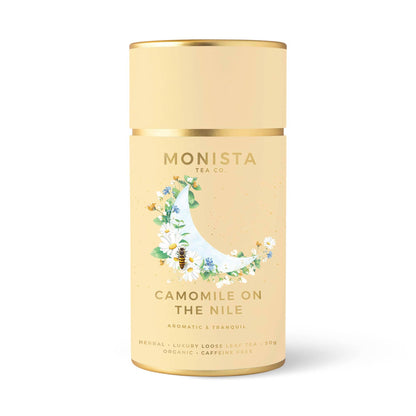 Monista Tea Co. canister for 'Camomile on the Nile' tea on a white background