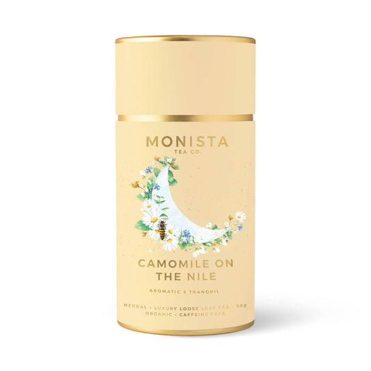 Monista Tea Co. canister for 'Camomile on the Nile' tea on a white background