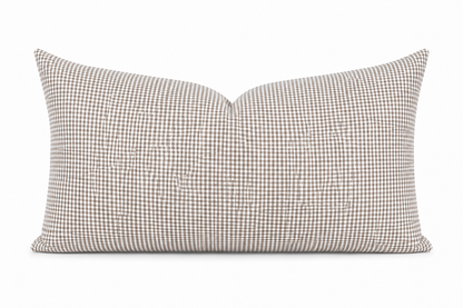 Checked rectangular throw pillow with knife-edge and piped corner detailing