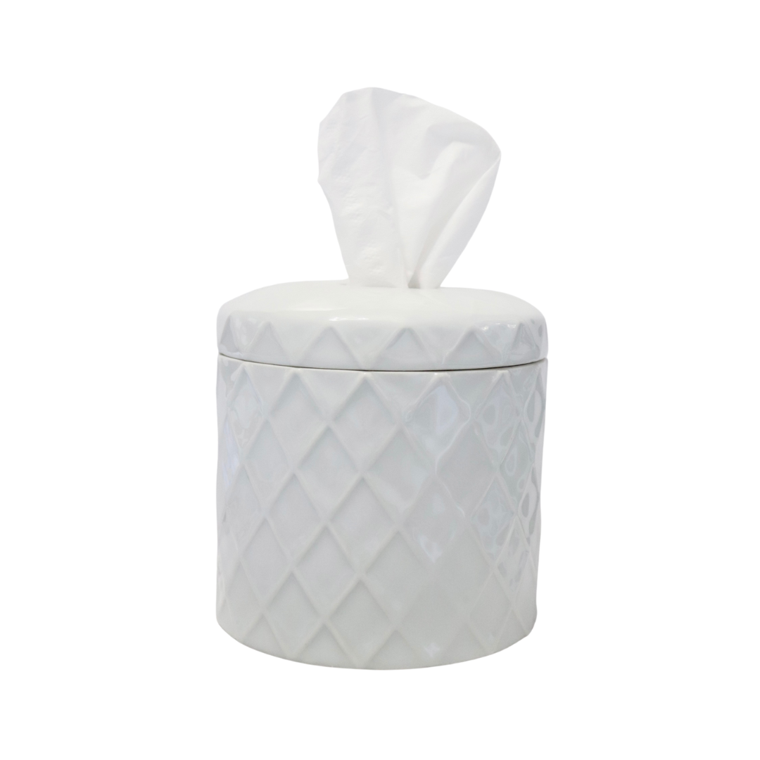 White ceramic jar with a lid on a white background