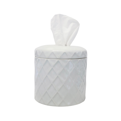 White ceramic jar with a lid on a white background