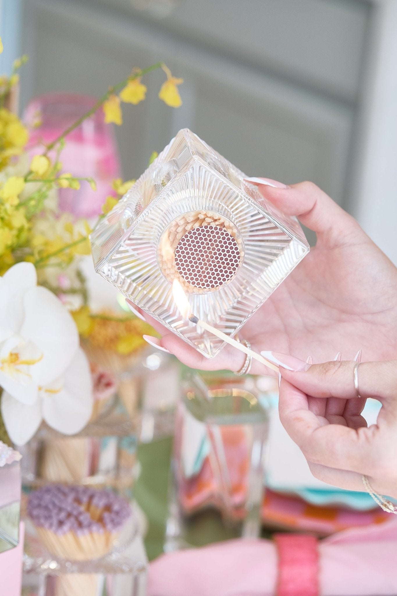 Colorful Decorative Matches in Acrylic Match Holder | Sunset Matches
