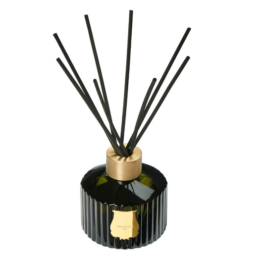 Trudon Cyrnos Reed Diffuser with black reeds and glass design, showcasing elegant craftsmanship and exquisite fragrance.