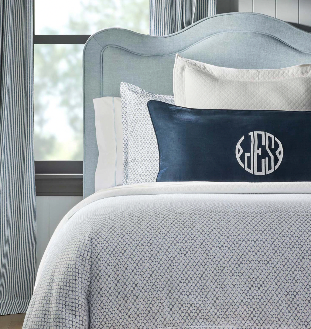 Demi navy duvet cover set styled on bed with monogram sham — Shannan Bower Home