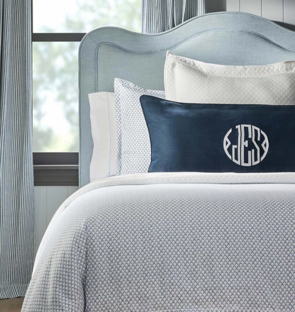 Demi navy duvet cover set styled on bed with monogram sham — Shannan Bower Home