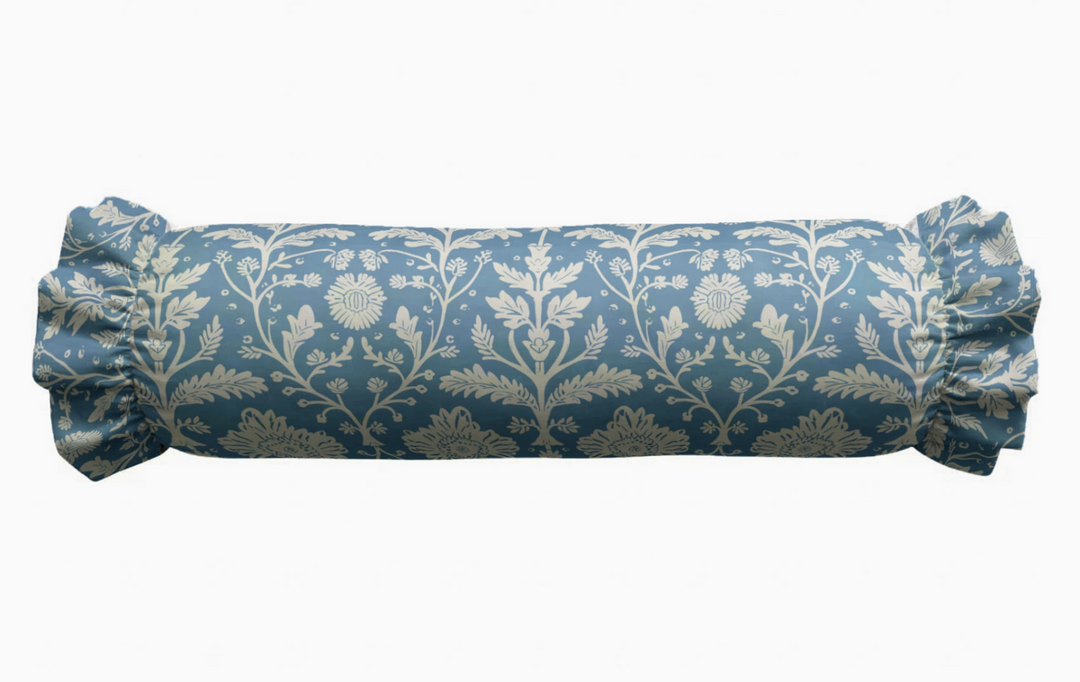 Denim Blue Floral Ruffled Bolster Pillow