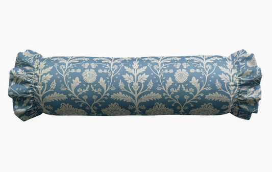 Denim Blue Floral Ruffled Bolster Pillow