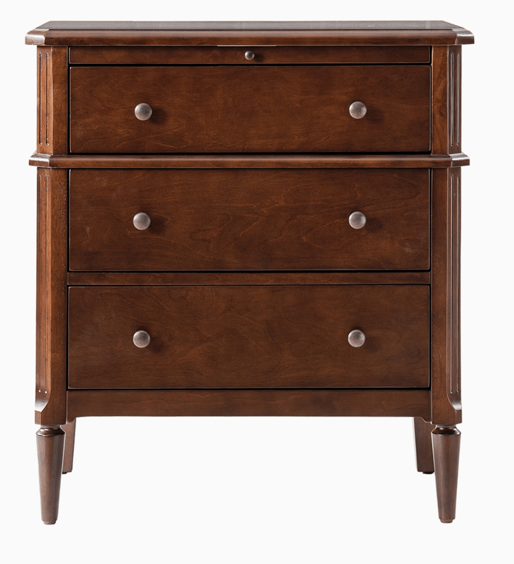 Walnut dresser nightstand for dorm — 3 drawer with hidden compartment and power outlet