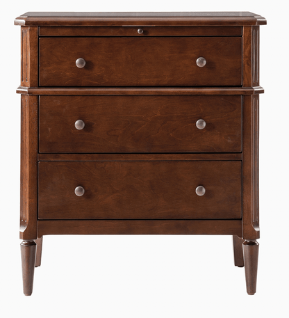Walnut dresser nightstand for dorm — 3 drawer with hidden compartment and power outlet