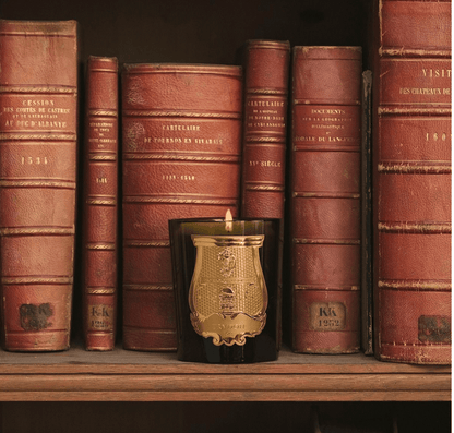 Trudon Ernesto Candle in a dark glass vessel styled in front of a stack of vintage books in a warmly lit setting.