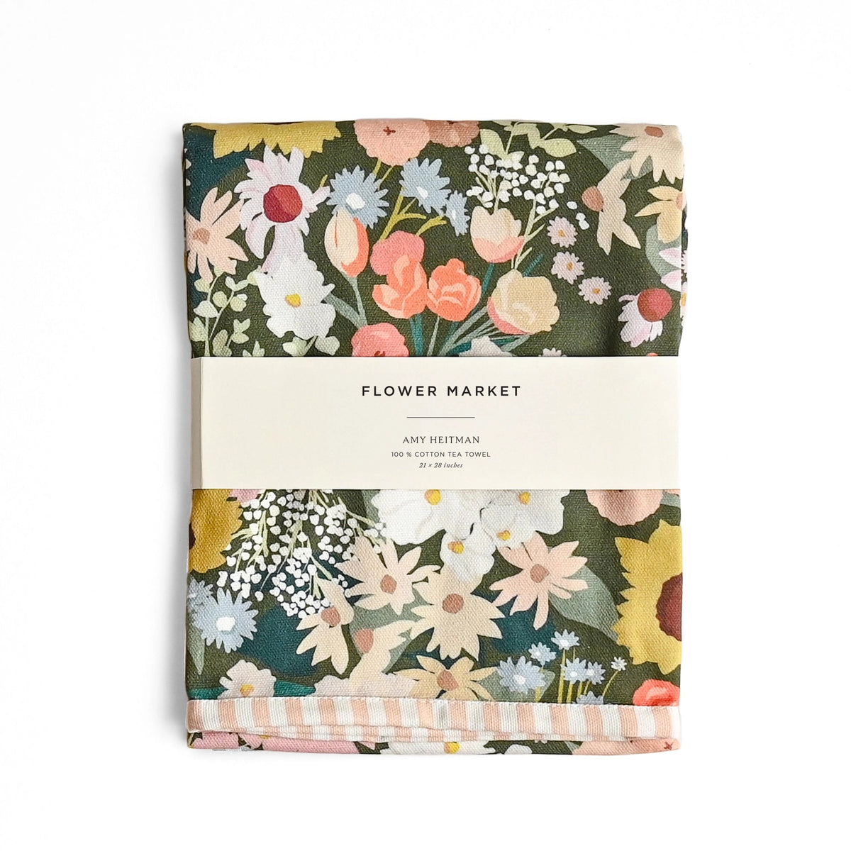 Floral tea towel with 'Flower Market' branding on a white background