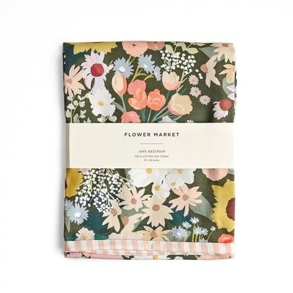 Floral tea towel with 'Flower Market' branding on a white background