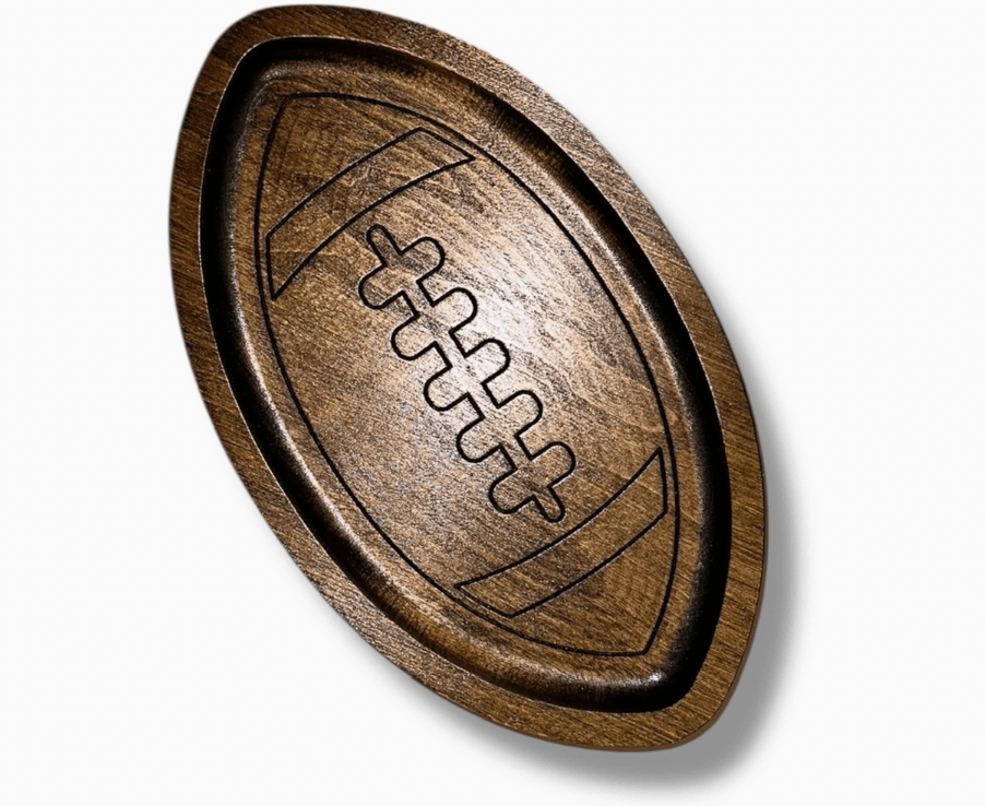 Wooden football catch all tray on a white background