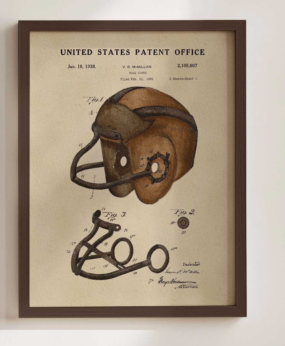 Framed football helmet wall art with a mechanical design illustration on a beige background.