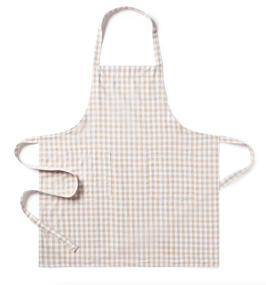 GINGHAM CAMEL APRON product image highlighting color, material, and overall design