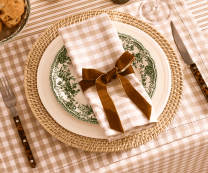 GINGHAM CAMEL TABLE RUNNER -Product image highlighting color, material, and overall design