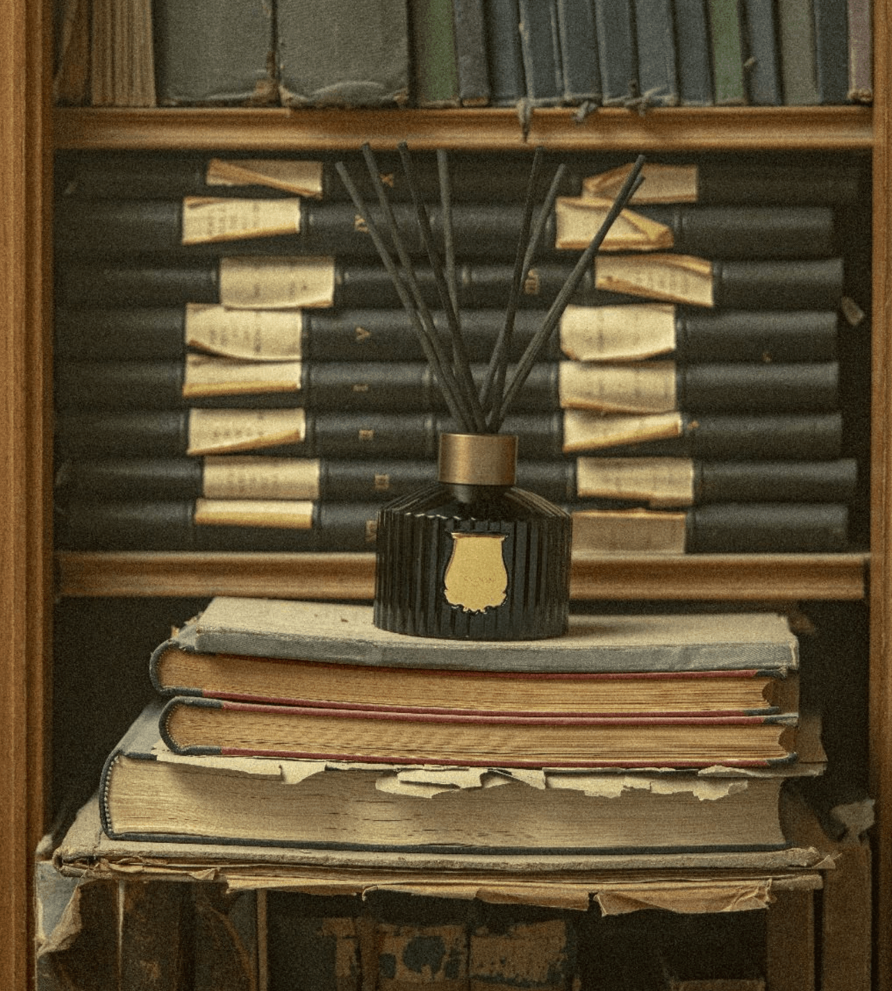 Trudon Gabriel reed diffuser with black reeds displayed on a wooden shelf surrounded by stacked vintage books in a warmly lit, moody setting.